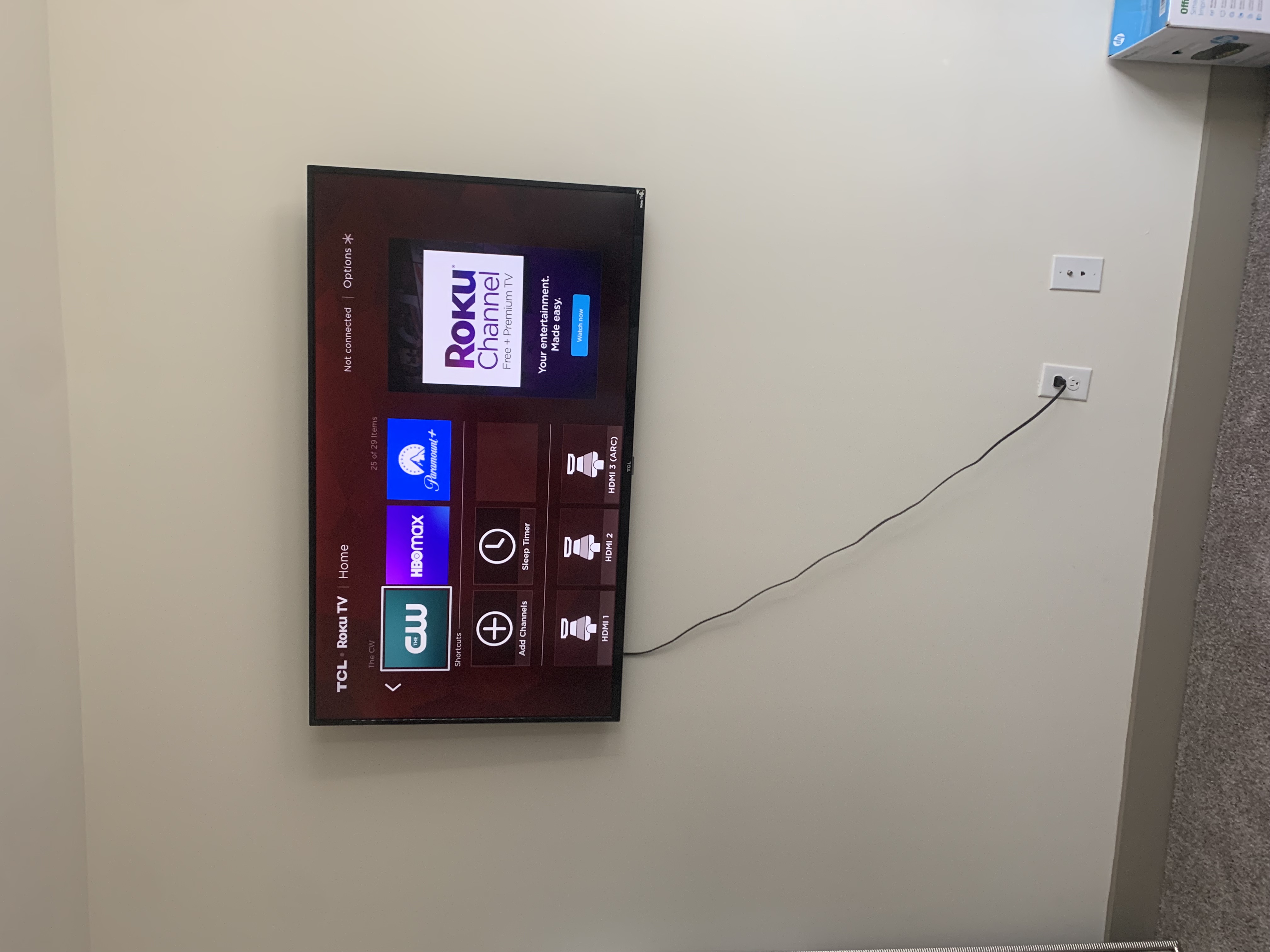 Fixed TV mounting on drywall wall in living room, service area